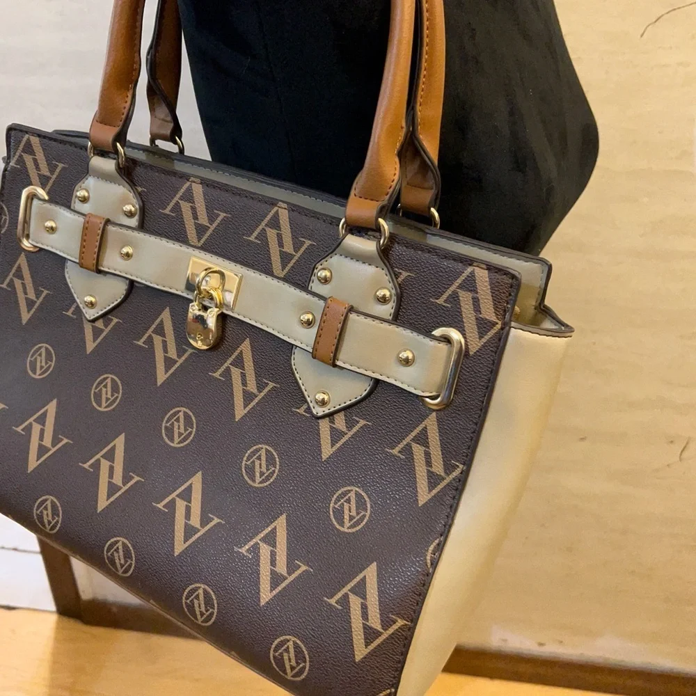 ADRIENNE VITTADINI Signature Collection Brown PU Leather Designer Tote Bag